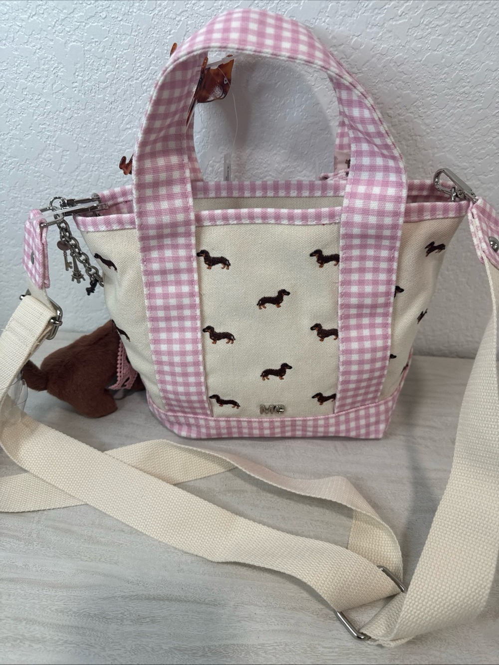 Madden Girl Dachshund Doxie Dog Pink Gingham Vidal Tote Bag CharmS NWT - Picture 7 of 14